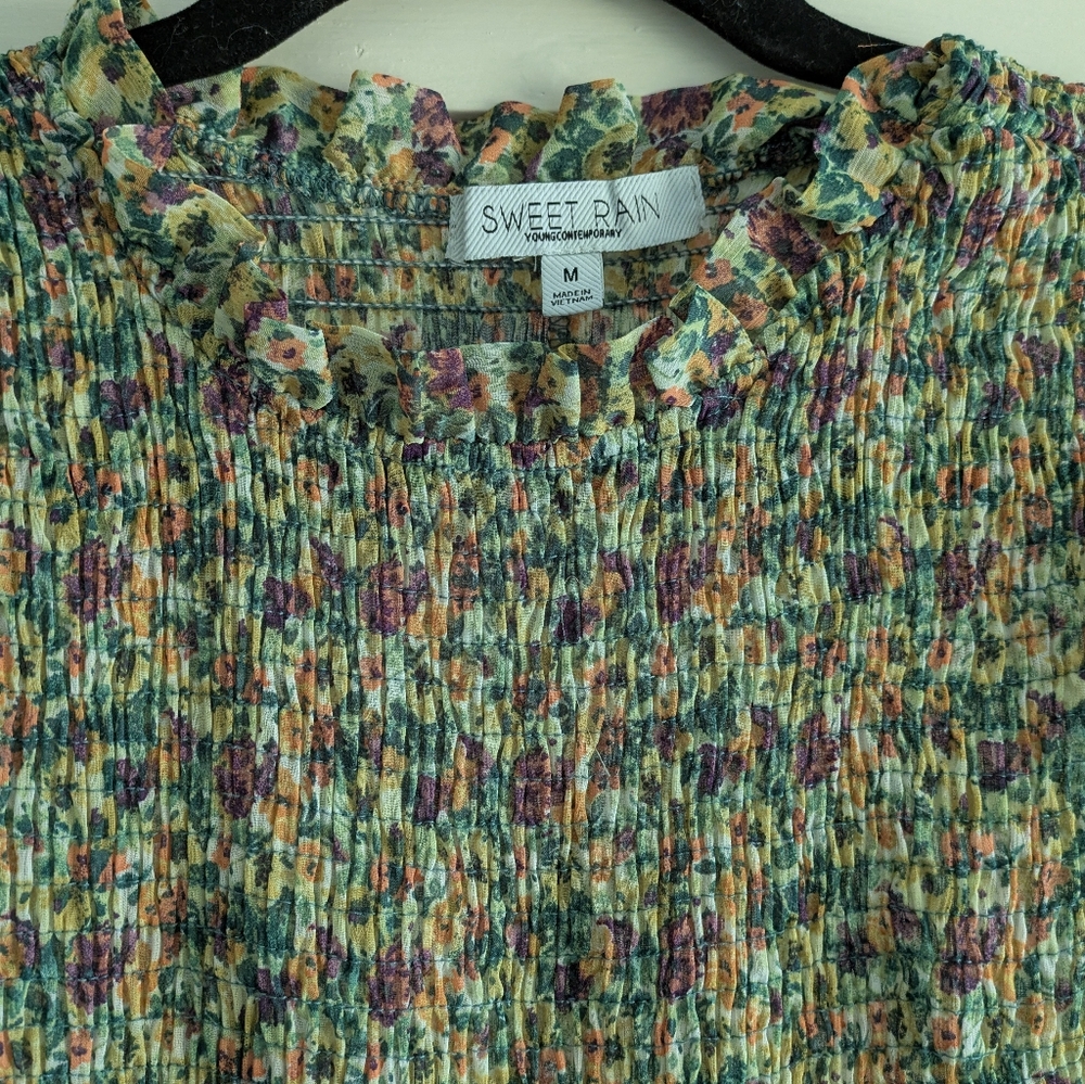 Rain Cottagecore/Twee Midi Dress w/ Smocking Top & Delicate Ruffle Sleeve- M - Picture 2 of 3